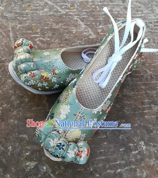 China Handmade Ancient Princess Shoes Green Satin Shoes Traditional Song Dynasty Wedding Brocade Shoes