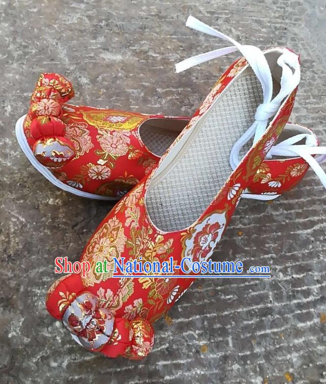 China Traditional Song Dynasty Wedding Brocade Shoes Handmade Ancient Princess Shoes Red Satin Shoes