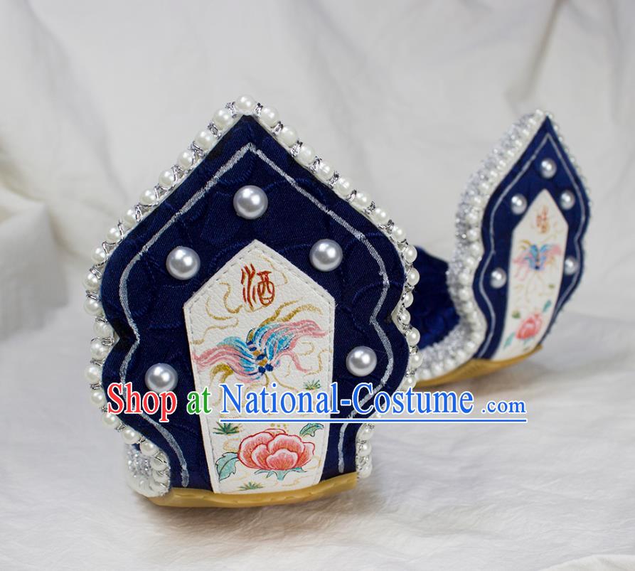 China Hanfu Printing Butterfly Peony Shoes Traditional Tang Dynasty Princess Royalblue Shoes Classical Pearls Shoes