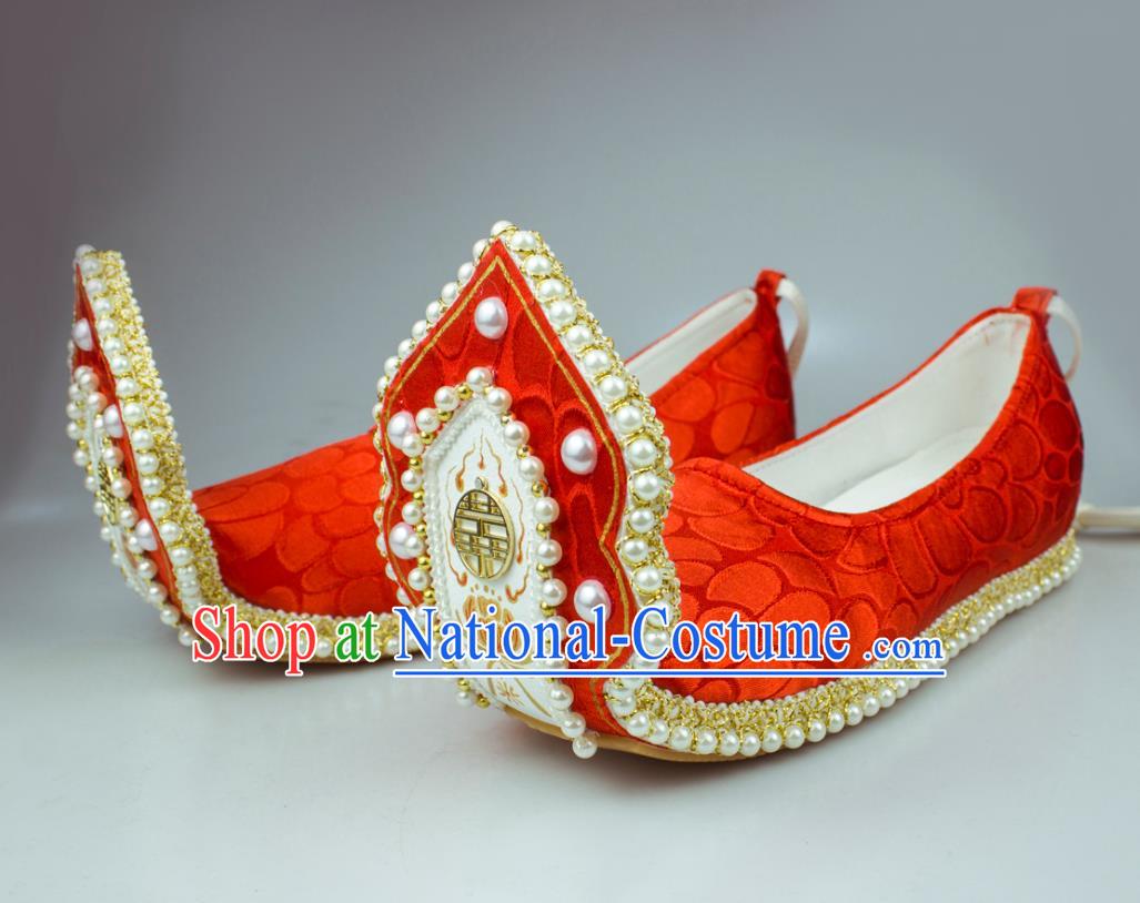 China Classical Wedding Pearls Shoes Red Brocade Hanfu Shoes Traditional Song Dynasty Princess Shoes