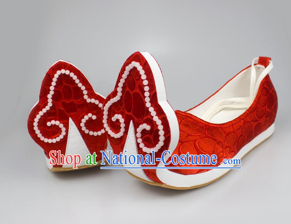 China Traditional Tang Dynasty Princess Shoes Classical Wedding Red Brocade Shoes Hanfu Beads Shoes