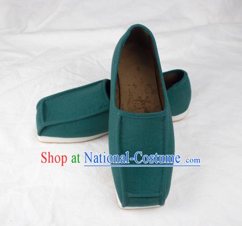 Chinese Traditional Ming Dynasty Taoist Shoes Handmade Ancient Scholar Green Flax Shoes