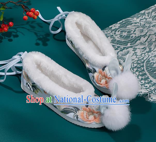 China Ming Dynasty Princess Shoes Classical Blue Brocade Shoes Traditional Embroidered Hanfu Shoes