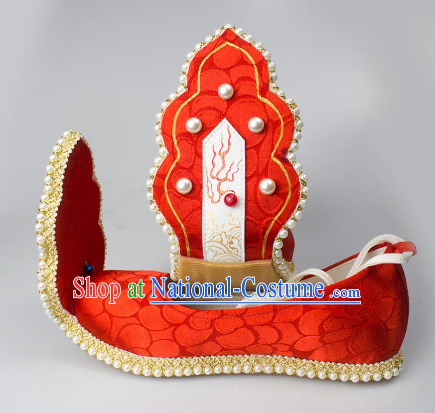 China Tang Dynasty Princess Shoes Classical Red Brocade Shoes Traditional Wedding Hanfu Pearls Shoes