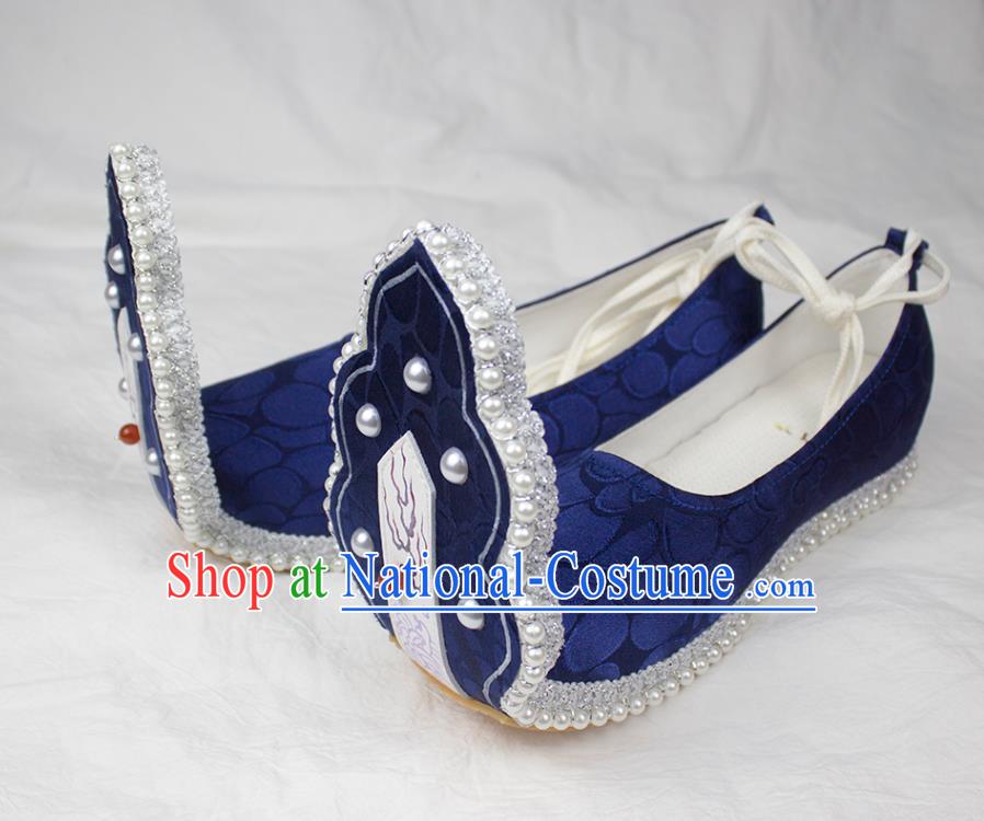 China Classical Royalblue Brocade Shoes Traditional Wedding Hanfu Pearls Shoes Tang Dynasty Princess Shoes