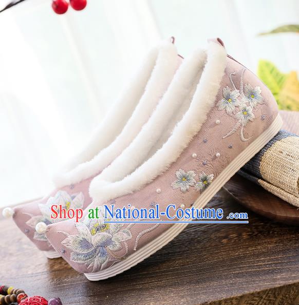 China Traditional Winter Pink Cloth Shoes Hanfu Shoes Classical Embroidered Lotus Shoes