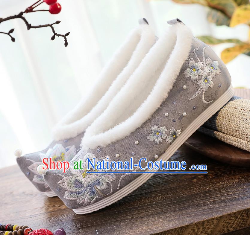 China Hanfu Shoes Classical Embroidered Lotus Shoes Traditional Winter Grey Cloth Shoes