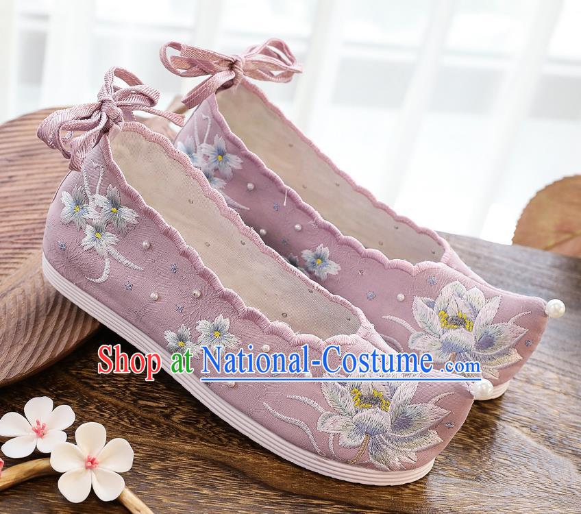 China Traditional Pink Cloth Shoes Classical Embroidered Lotus Shoes Hanfu Bow Shoes