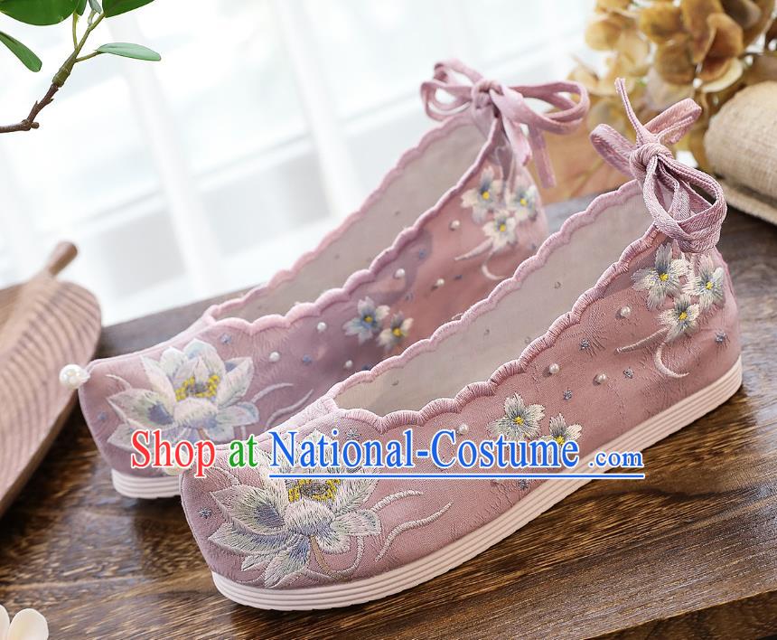 China Traditional Pink Cloth Shoes Classical Embroidered Lotus Shoes Hanfu Bow Shoes