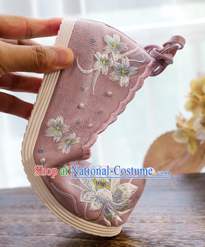 China Traditional Pink Cloth Shoes Classical Embroidered Lotus Shoes Hanfu Bow Shoes