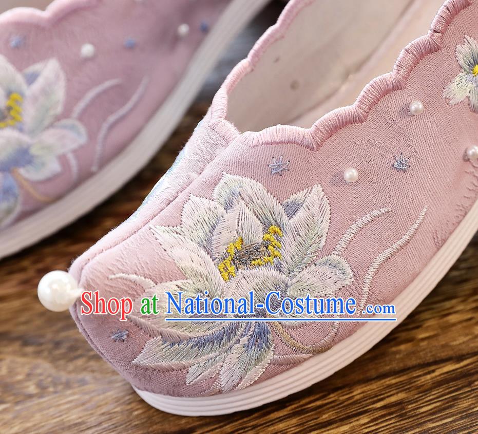 China Traditional Pink Cloth Shoes Classical Embroidered Lotus Shoes Hanfu Bow Shoes