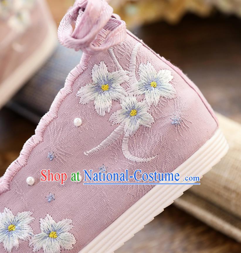 China Traditional Pink Cloth Shoes Classical Embroidered Lotus Shoes Hanfu Bow Shoes