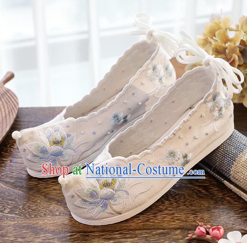 China Hanfu Bow Shoes Traditional White Cloth Shoes Classical Embroidered Lotus Shoes