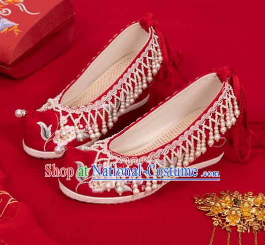 China Classical Embroidered Shoes Hanfu Bow Shoes Traditional Wedding Red Cloth Shoes