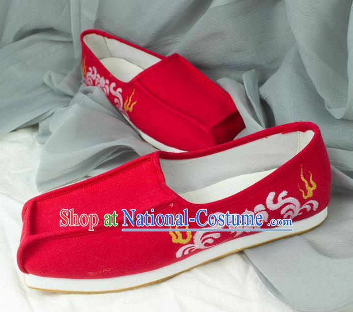 Chinese Traditional Ming Dynasty Bridegroom Shoes Handmade Ancient Scholar Red Cloth Shoes