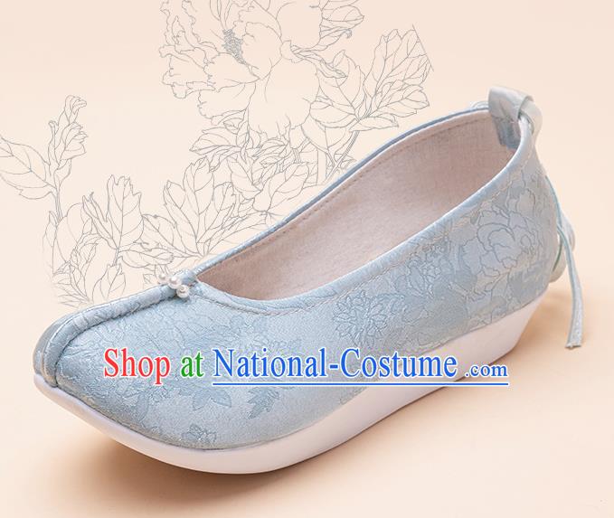 China Classical Blue Satin Shoes Hanfu Shoes Traditional Ming Dynasty Women Shoes