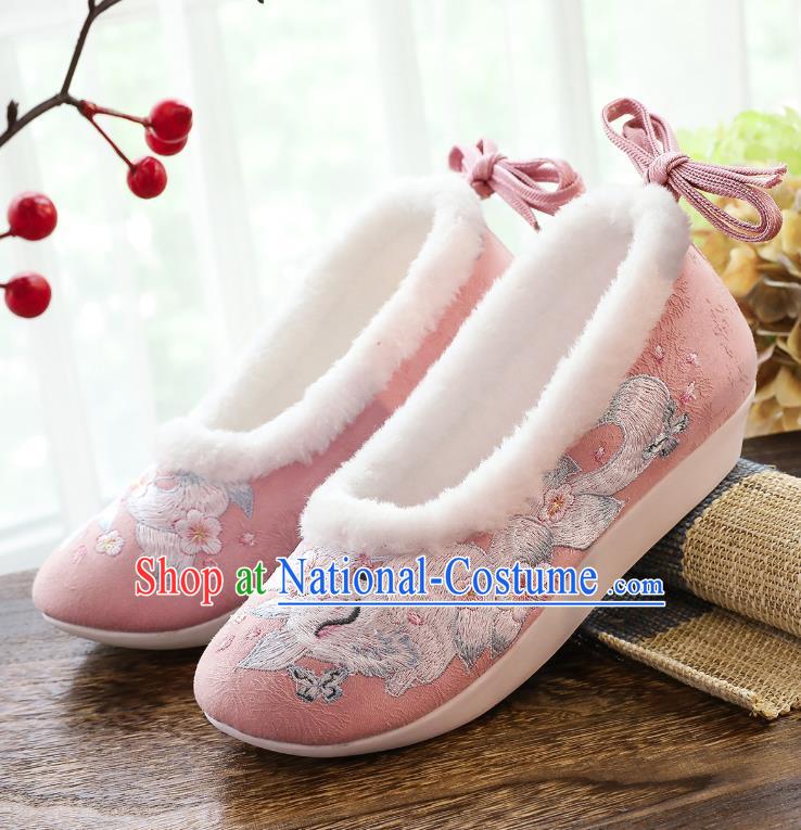 China Winter Pink Cloth Shoes Classical Embroidered Fox Shoes Traditional Women Hanfu Shoes