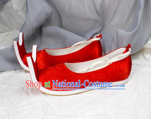 China Traditional Jin Dynasty Palace Lady Shoes Red Brocade Shoes Classical Wedding Shoes