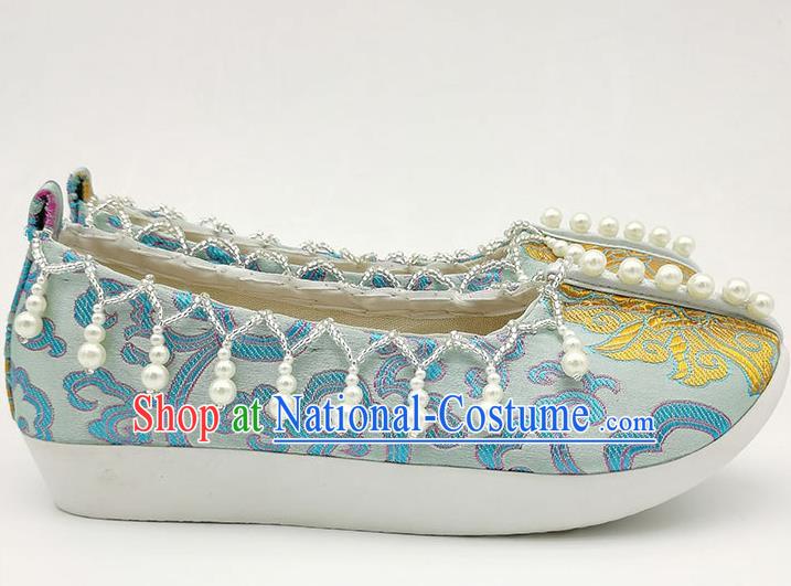 China Handmade Light Blue Brocade Shoes Traditional Song Dynasty Princess Shoes Classical Pearls Shoes