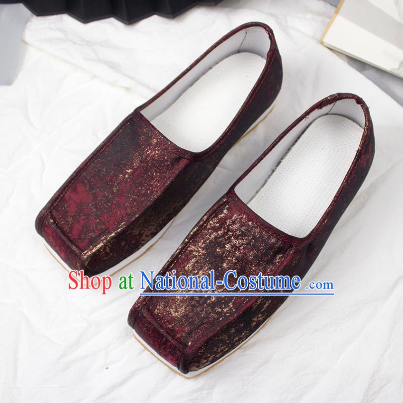 Chinese Traditional Song Dynasty Scholar Shoes Handmade Ancient Official Dark Red Satin Shoes