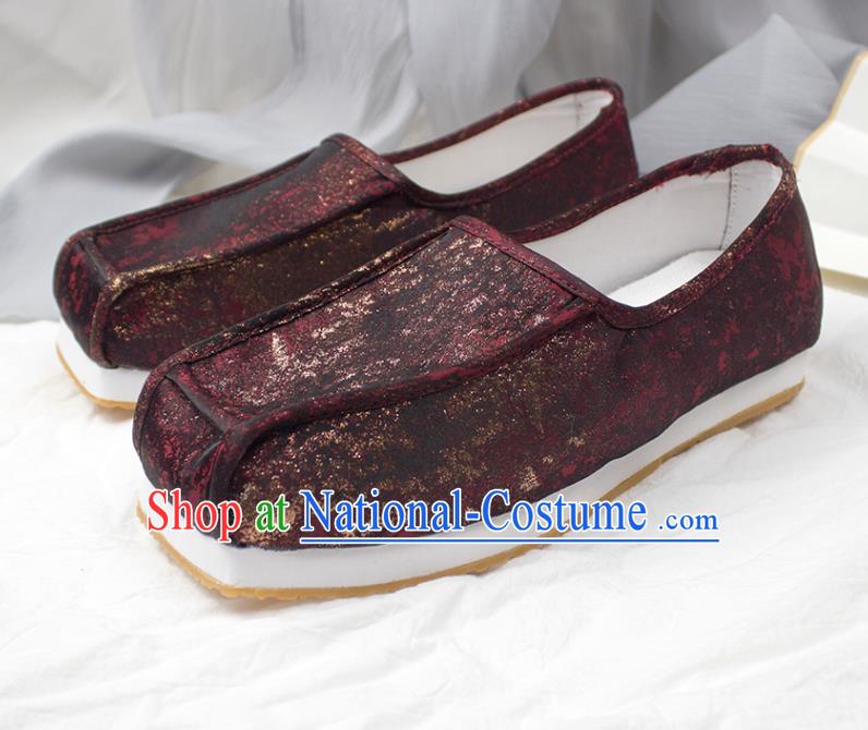 Chinese Traditional Song Dynasty Scholar Shoes Handmade Ancient Official Dark Red Satin Shoes