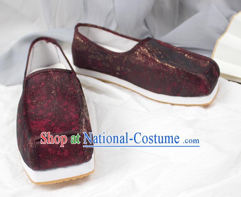 Chinese Traditional Song Dynasty Scholar Shoes Handmade Ancient Official Dark Red Satin Shoes