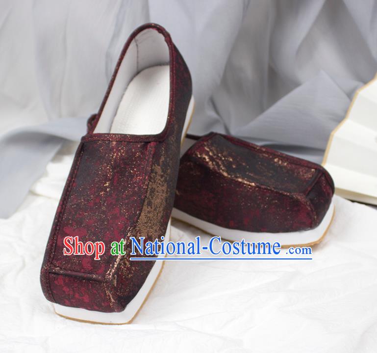 Chinese Traditional Song Dynasty Scholar Shoes Handmade Ancient Official Dark Red Satin Shoes