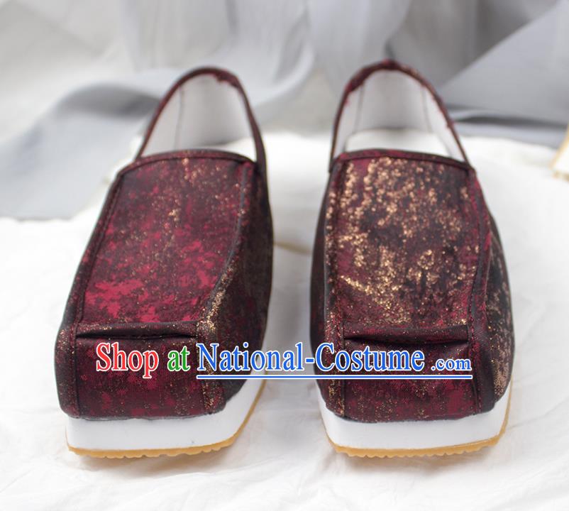 Chinese Traditional Song Dynasty Scholar Shoes Handmade Ancient Official Dark Red Satin Shoes