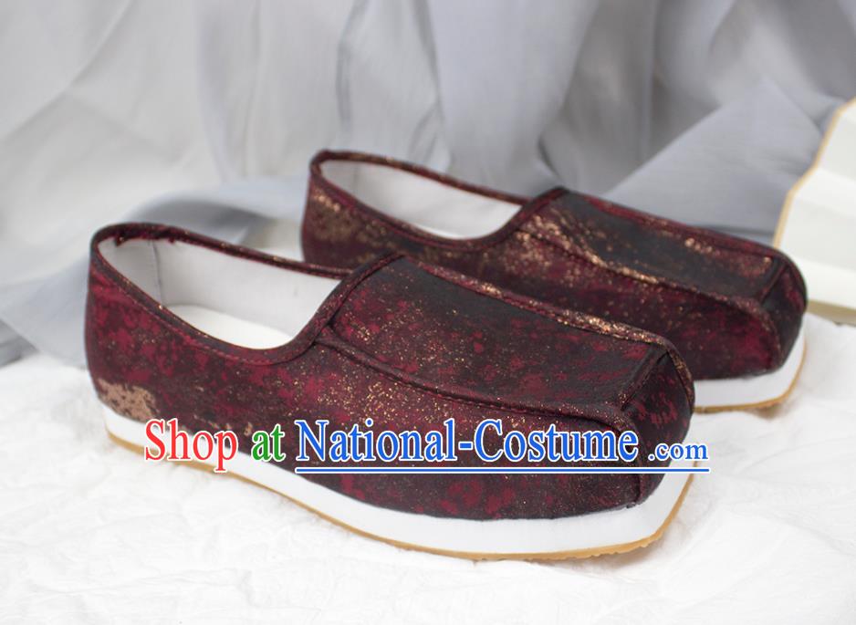 Chinese Traditional Song Dynasty Scholar Shoes Handmade Ancient Official Dark Red Satin Shoes