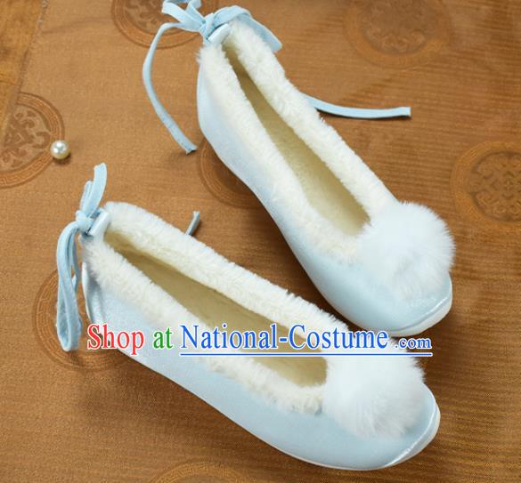 China National Light Blue Cloth Shoes Traditional Hanfu Shoes Winter Venonat Shoes Women Shoes