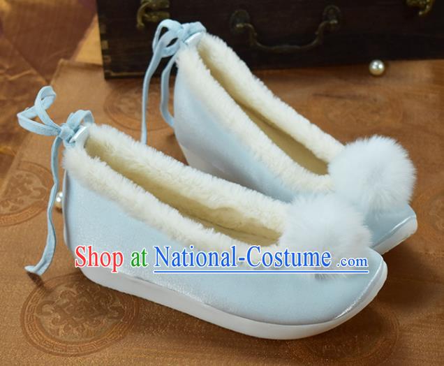 China National Light Blue Cloth Shoes Traditional Hanfu Shoes Winter Venonat Shoes Women Shoes