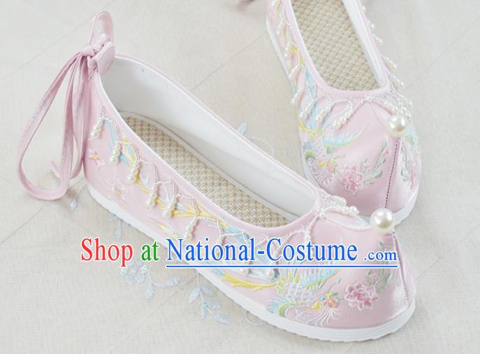 China National Embroidered Phoenix Pink Cloth Shoes Traditional Wedding Shoes Women Hanfu Shoes