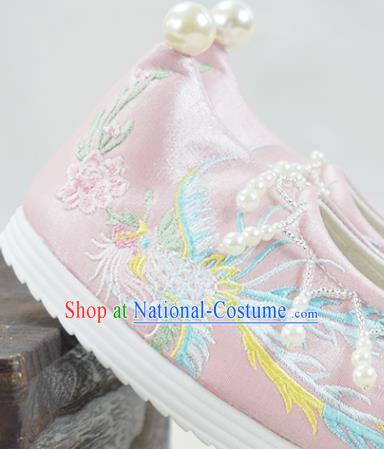 China National Embroidered Phoenix Pink Cloth Shoes Traditional Wedding Shoes Women Hanfu Shoes