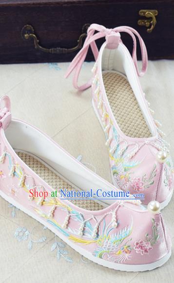 China National Embroidered Phoenix Pink Cloth Shoes Traditional Wedding Shoes Women Hanfu Shoes