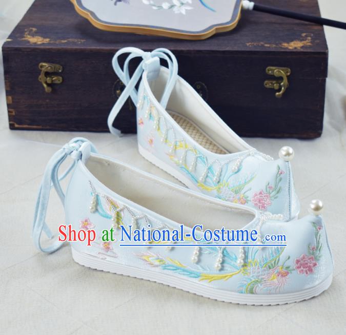 China Women Hanfu Shoes National Embroidered Phoenix Light Blue Cloth Shoes Traditional Wedding Shoes