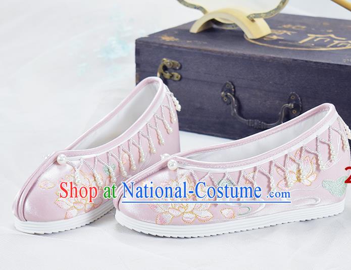 China National Embroidered Lotus Shoes Pink Cloth Shoes Traditional Beads Tassel Shoes Women Hanfu Shoes