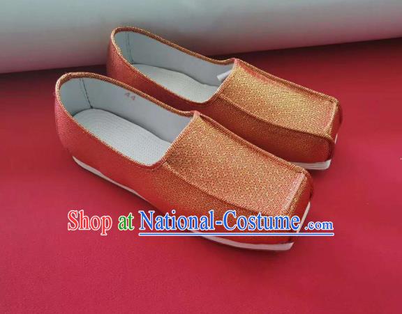 Chinese Handmade Orange Satin Shoes Traditional Song Dynasty Scholar Hanfu Shoes Ancient Official Shoes