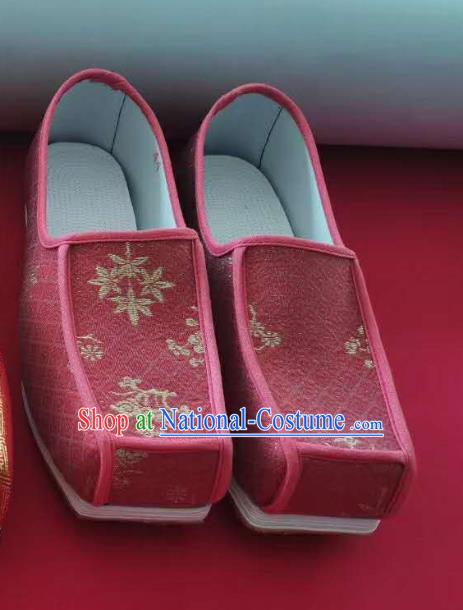 Chinese Traditional Song Dynasty Scholar Hanfu Shoes Ancient Official Shoes Handmade Wine Red Satin Shoes