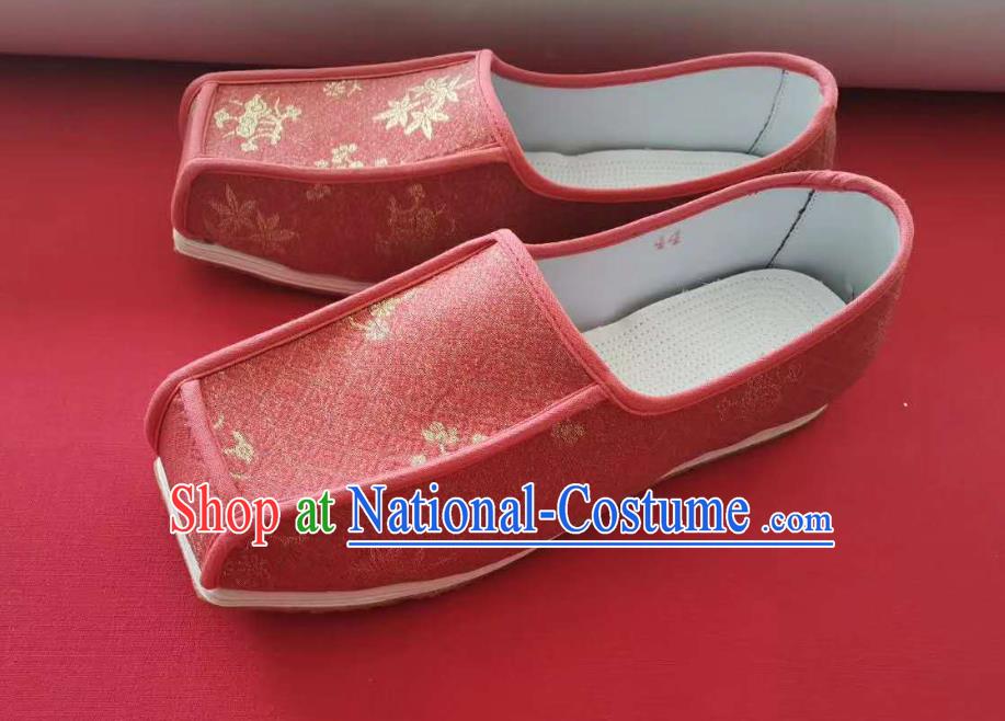 Chinese Traditional Song Dynasty Scholar Hanfu Shoes Ancient Official Shoes Handmade Wine Red Satin Shoes