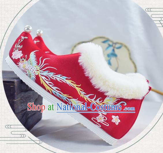 China Traditional Winter Shoes Women Hanfu Shoes National Embroidered Phoenix Shoes Red Cloth Shoes