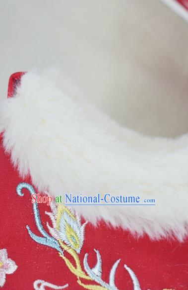 China Traditional Winter Shoes Women Hanfu Shoes National Embroidered Phoenix Shoes Red Cloth Shoes