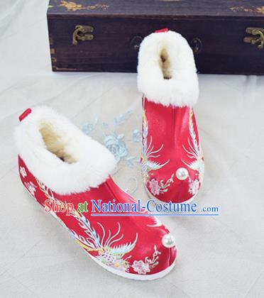 China Traditional Winter Shoes Women Hanfu Shoes National Embroidered Phoenix Shoes Red Cloth Shoes