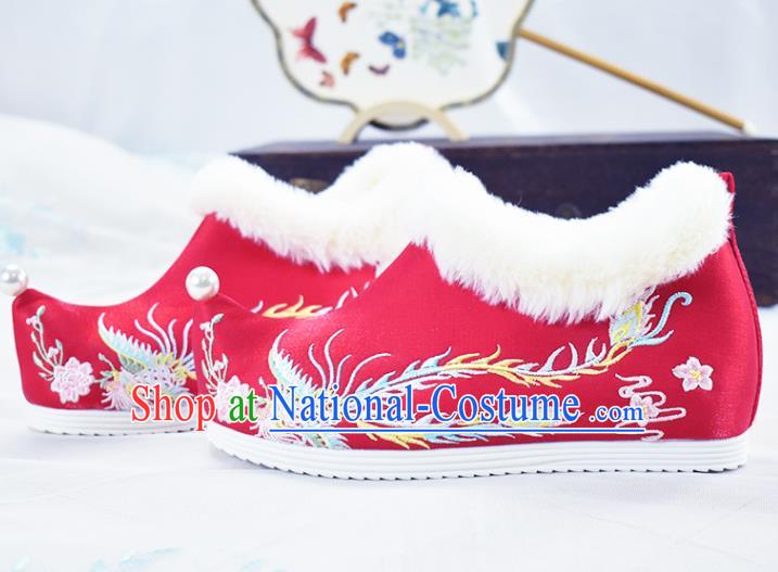 China Traditional Winter Shoes Women Hanfu Shoes National Embroidered Phoenix Shoes Red Cloth Shoes