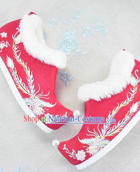 China Traditional Winter Shoes Women Hanfu Shoes National Embroidered Phoenix Shoes Red Cloth Shoes