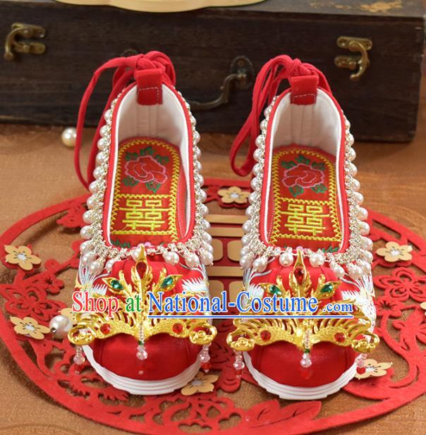 China Wedding Shoes Traditional Xiuhe Suit Red Cloth Shoes Women Golden Phoenix Shoes