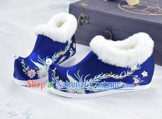 China National Embroidered Phoenix Shoes Royalblue Cloth Shoes Traditional Winter Shoes Women Hanfu Shoes