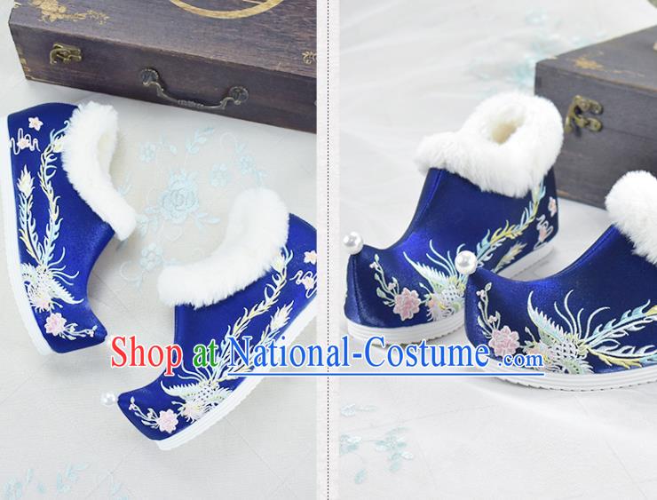 China National Embroidered Phoenix Shoes Royalblue Cloth Shoes Traditional Winter Shoes Women Hanfu Shoes