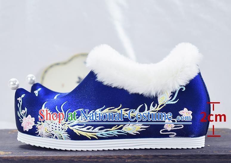 China National Embroidered Phoenix Shoes Royalblue Cloth Shoes Traditional Winter Shoes Women Hanfu Shoes