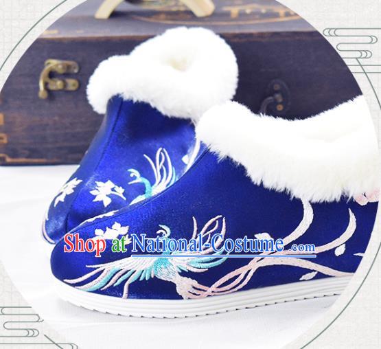 China Royalblue Cloth Shoes Traditional Wedding Shoes National Embroidered Phoenix Shoes