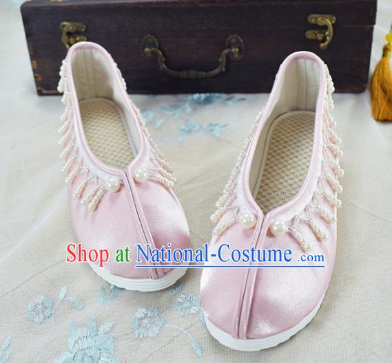 China Traditional Hanfu Shoes Pink Satin Shoes National Women Shoes